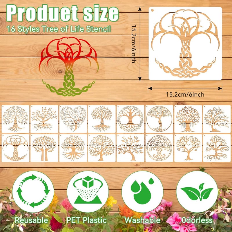 Resflyar 16 PCS 6 x 6 Inch Tree of Life Stencils, Plant Reusable Plastic Paint Templates for Painting on Wood, Trees Stencils Set for Rock Canvas Drawing Art Fabric Tile Home DIY Craft Decoration - Image 2